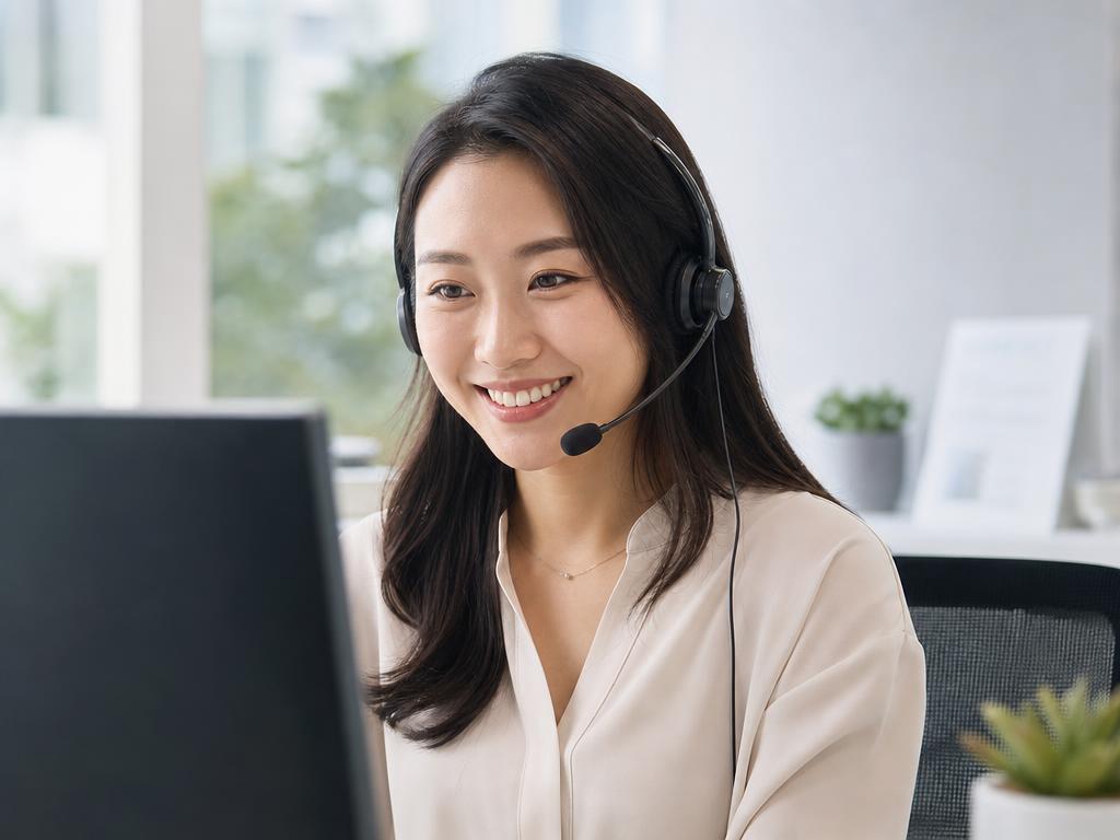 Friendly AI phone agent — woman of East Asian descent