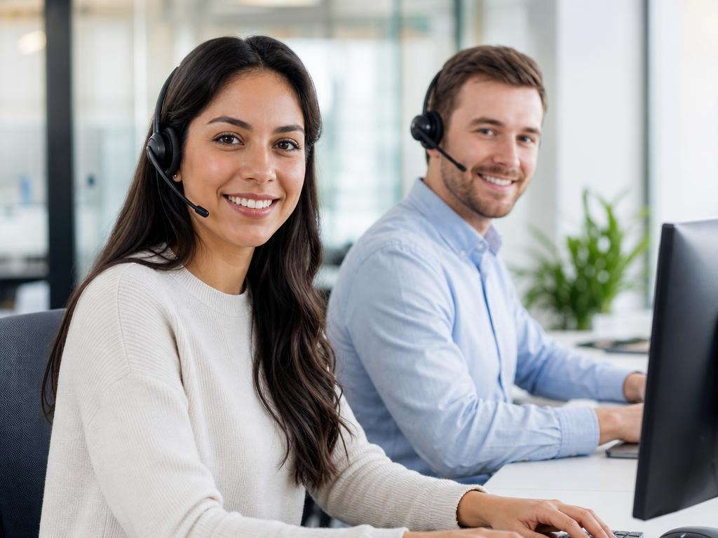 Friendly AI phone agent team — Hispanic woman and Caucasian man