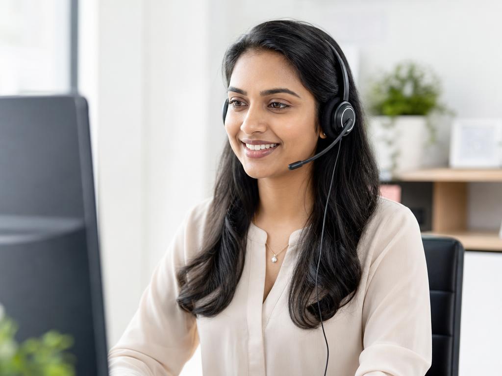 Friendly AI phone agent — woman of Indian descent