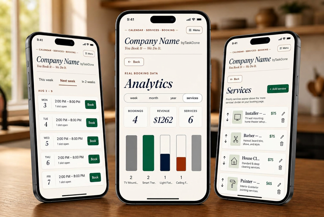 Three phones showing the byTaskDone booking calendar, analytics dashboard, and services list.
